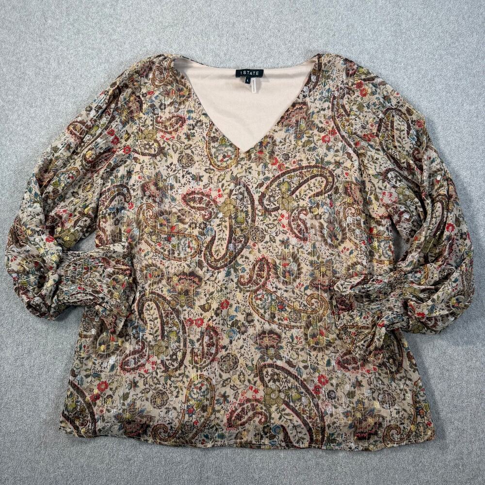 1. State Metallic Paisley Blouse Women's Large V-Neck Sheer Sleeve Brown Red